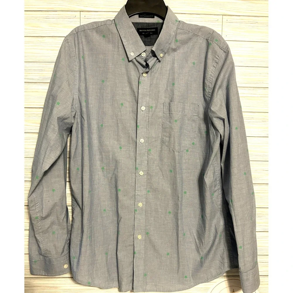 Banana Republic Blue AOP Palm trees Slim Untuck LongSleeve shirt Geometric LARGE